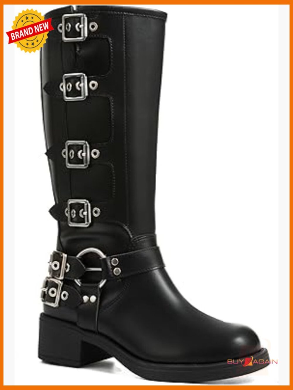 Wide Calf Knee High Boots Square Toe Chunky Heel Pull On Fashion Buckle